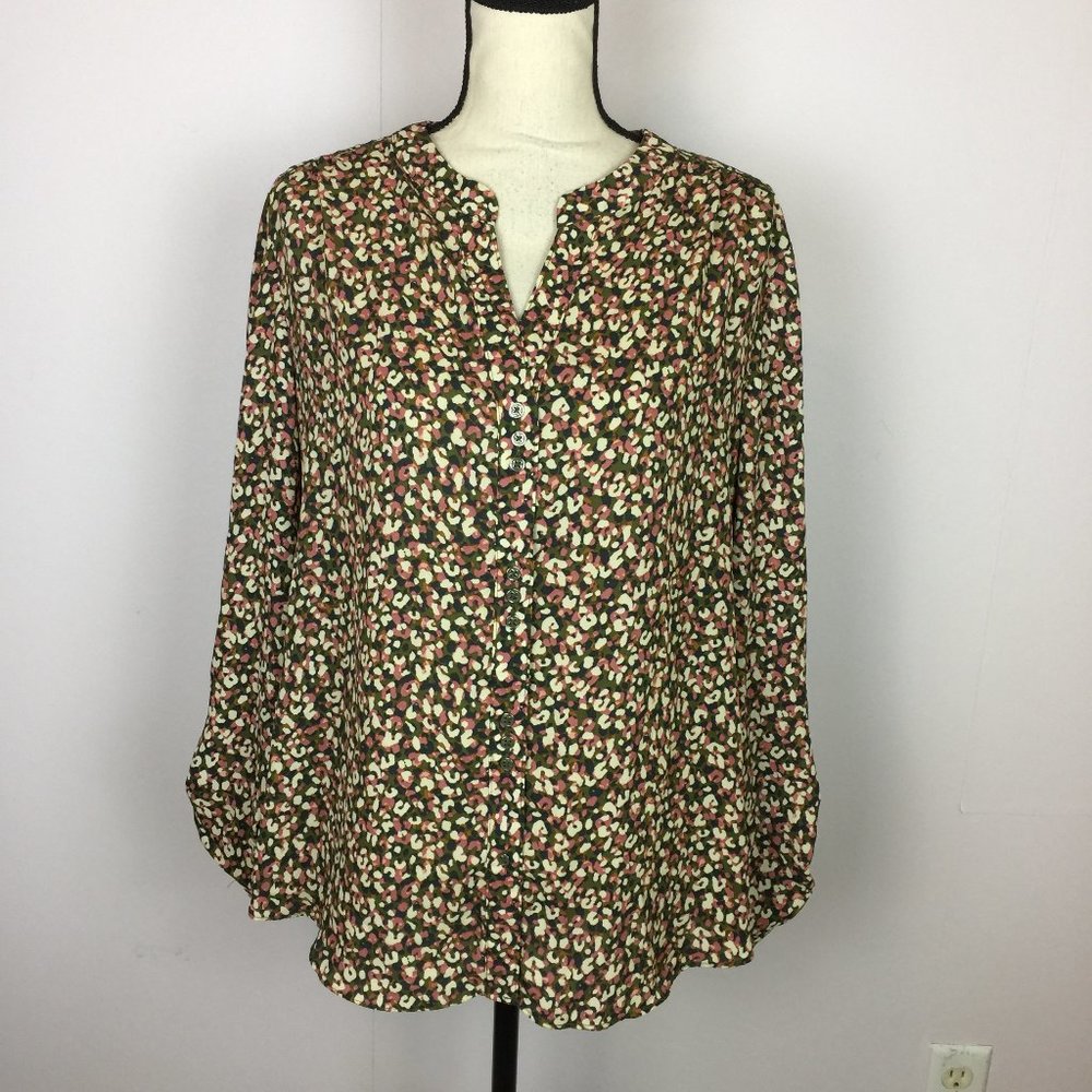 Zac & Rachel Blouse Shirt Top Size L Womans Pink Green Printed Roll Tab Sleeve